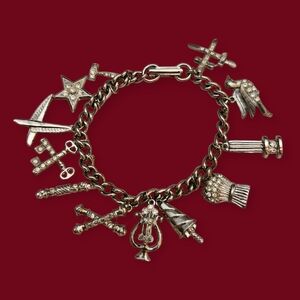 Vtg ORA 1950s Silvertone Order Of The Eastern Star Charm Chain Bracelet